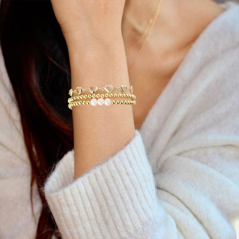 Pymach Store Dainty Gold Plated Pearl Crystal Beaded Bracelets Set for Women 14K Gold Plated Bead Pearl Beads Bracelet Stackable Paperclip Link Chain Bracelets Gold Plated Bracelets for Women Trendy Jewelry - Image 5